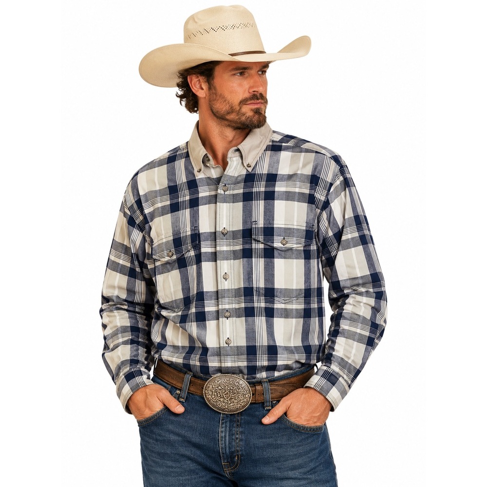 Roper Plaid Western Button Down Shirt Navy Khaki Long Sleeve Small 030187827